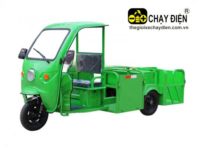 Xe 3 bánh điện thu gom rác 4 thùng Xanh lá
