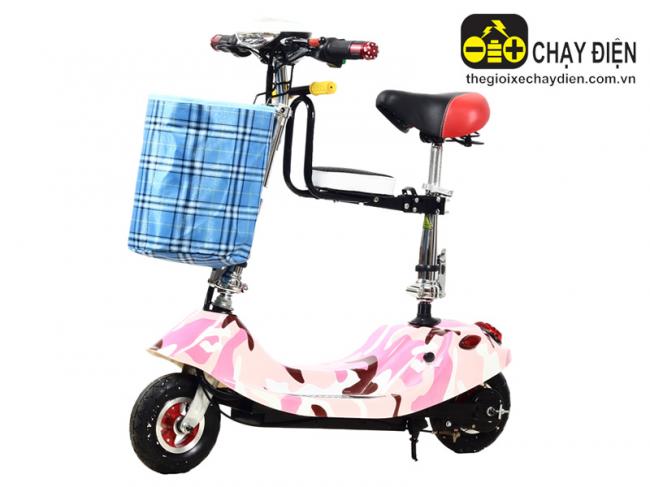 Xe điện gấp Mini E-Scooter giỏ trước và ghế phụ Hồng cánh sen