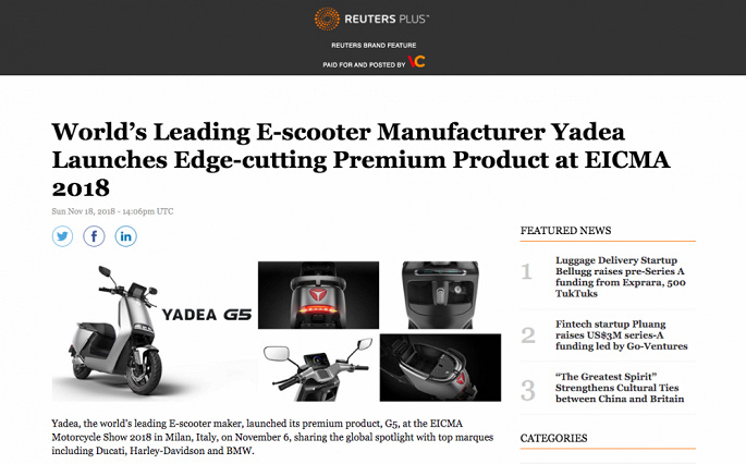 Reuters đưa thông tin về việc YADEA ra mắt xe máy điện YADEA G5