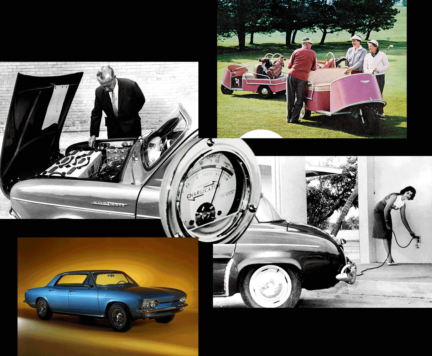 Mẫu xe Henney Kilowatt năm 1966 được tùy chỉnh lại từ Renault Dauphines (trên và dưới bên trái). Xe golf cart chạy điện do Lektro giới thiệu (trên cùng bên phải). Mẫu xe Electrovair II từ GM (dưới cùng bên phải) Mẫu xe Henney Kilowatt năm 1966 được tùy chỉnh lại từ Renault Dauphines (trên và dưới bên trái). Xe golf cart chạy điện do Lektro giới thiệu (trên cùng bên phải). Mẫu xe Electrovair II từ GM (dưới cùng bên phải)