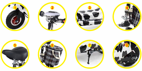 Chi tiết các bộ phận Xe điện gấp Mini E-Scooter đèn pha trên giỏ sau